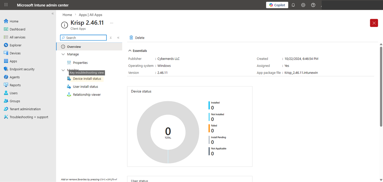 App overview page showing device status donut chart and sidebar navigation with Device install status highlighted