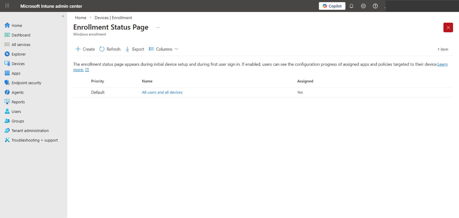 Enrollment Status Page list showing the default profile assigned to all users and devices