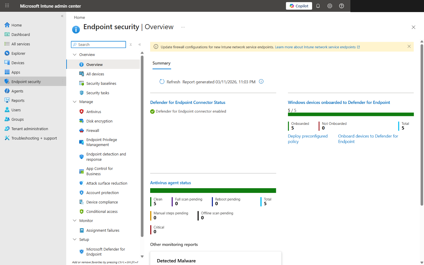 Endpoint Security overview showing the Antivirus, Firewall, Disk Encryption, and other security blades