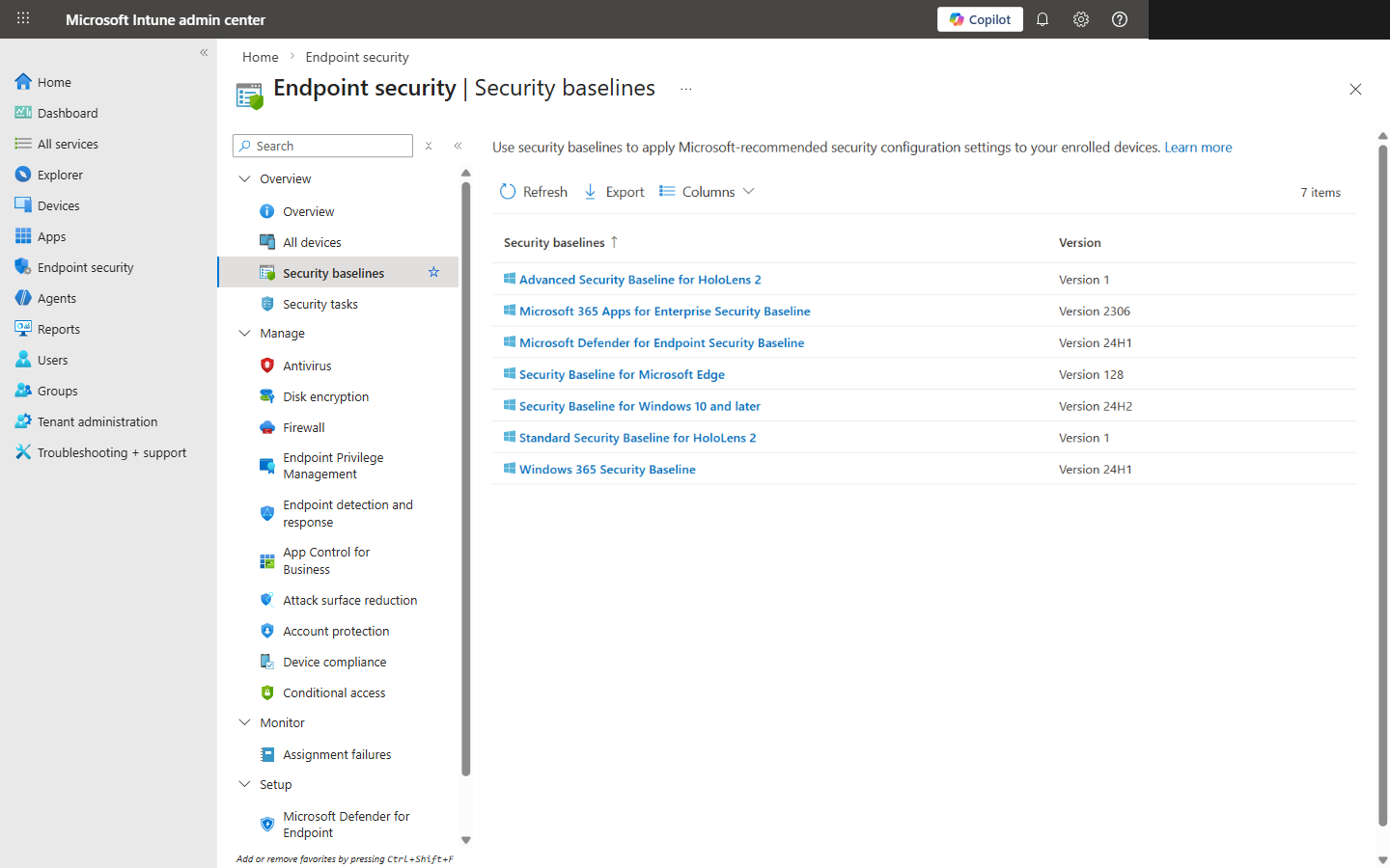 Security baselines list in Intune showing available baseline types and versions